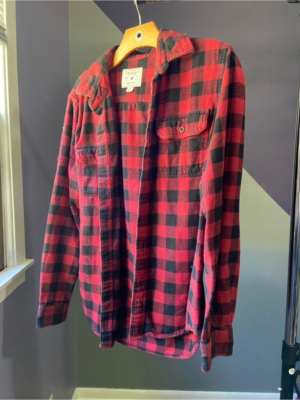 American Eagle Outfitters Red and Black Plaid Flannel Button-Down Shirt